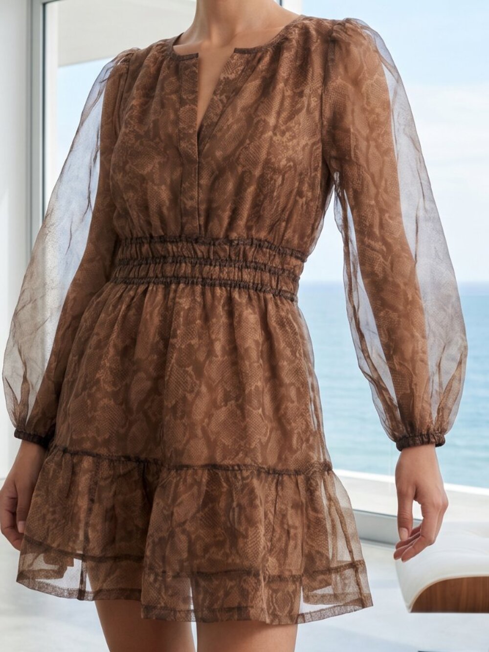 NWT $158 BY ANTHROPOLOGIE chiffon dress smocked waist sheer puff sleeves M